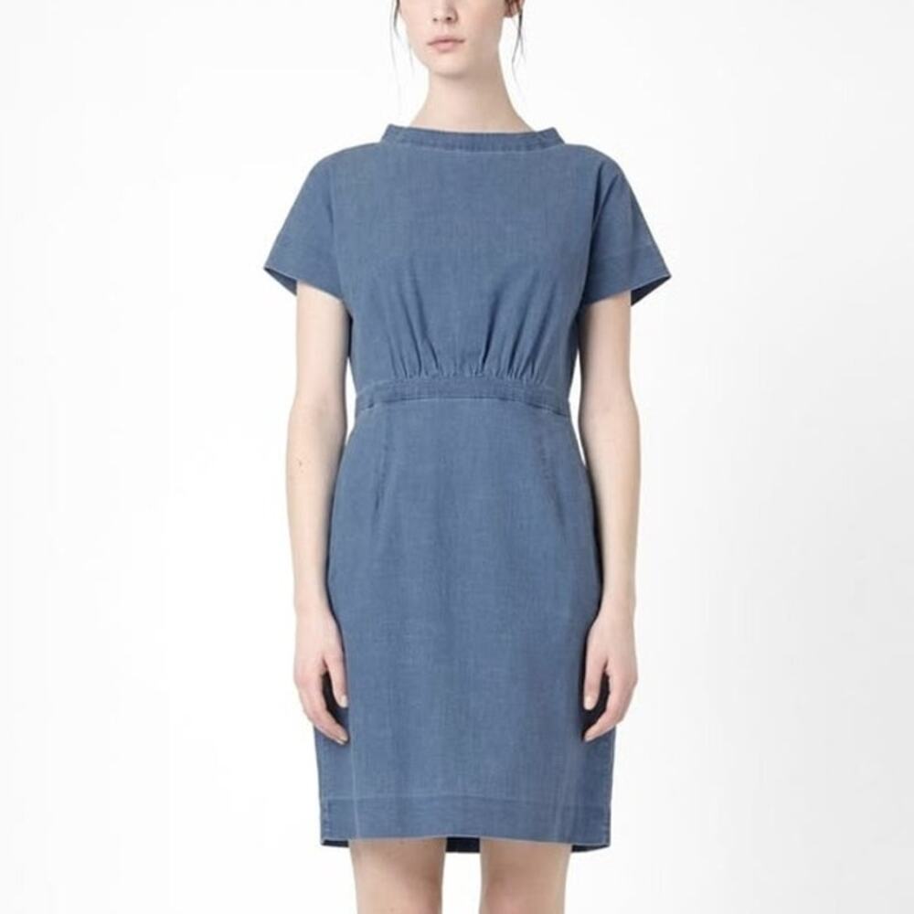 COS Chambray Funnel Neck Pure Cotton Short Sleeve Dress w Pockets